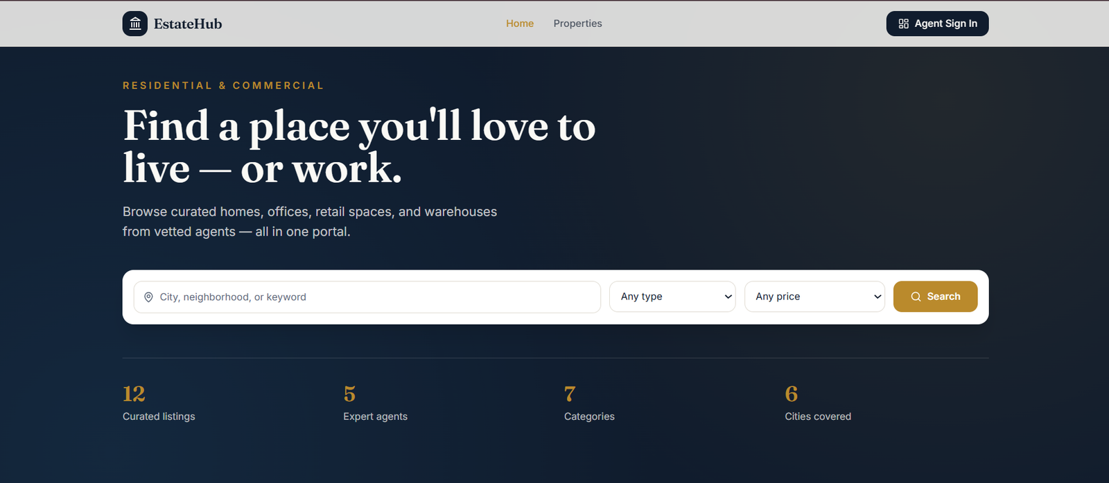 EstateHub home — property search with location, type and price filters