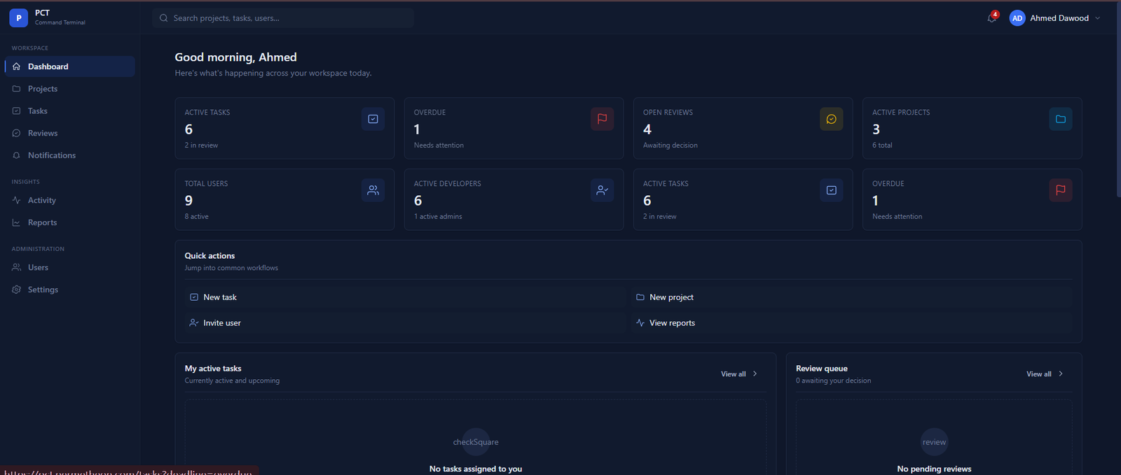 PCT dashboard — workspace overview with active tasks, reviews, projects and quick actions